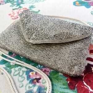 Vintage Andre Cellini Silver Beaded purse with Satin Rope Strap